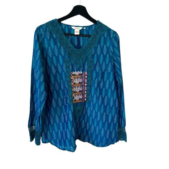 Sundance Tops - Sundance Blue Boho Print Embroidered Long Sleeve Top Cotton Silk Blend Medium